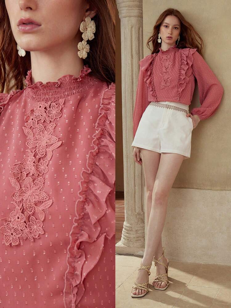 CONTRAST LACE RUFFLE TRIM BLOUSE