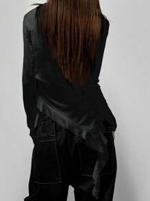 DAZY Women Solid Color Boat Neck Asymmetrical Hem Long Sleeve T-Shirt, White, Spring/Autumn,Fall Women Clothes - Black - View 2