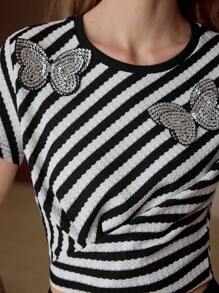 MOTF PREMIUM Schmetterling Applikationen gestreiftes Muster T-Shirt