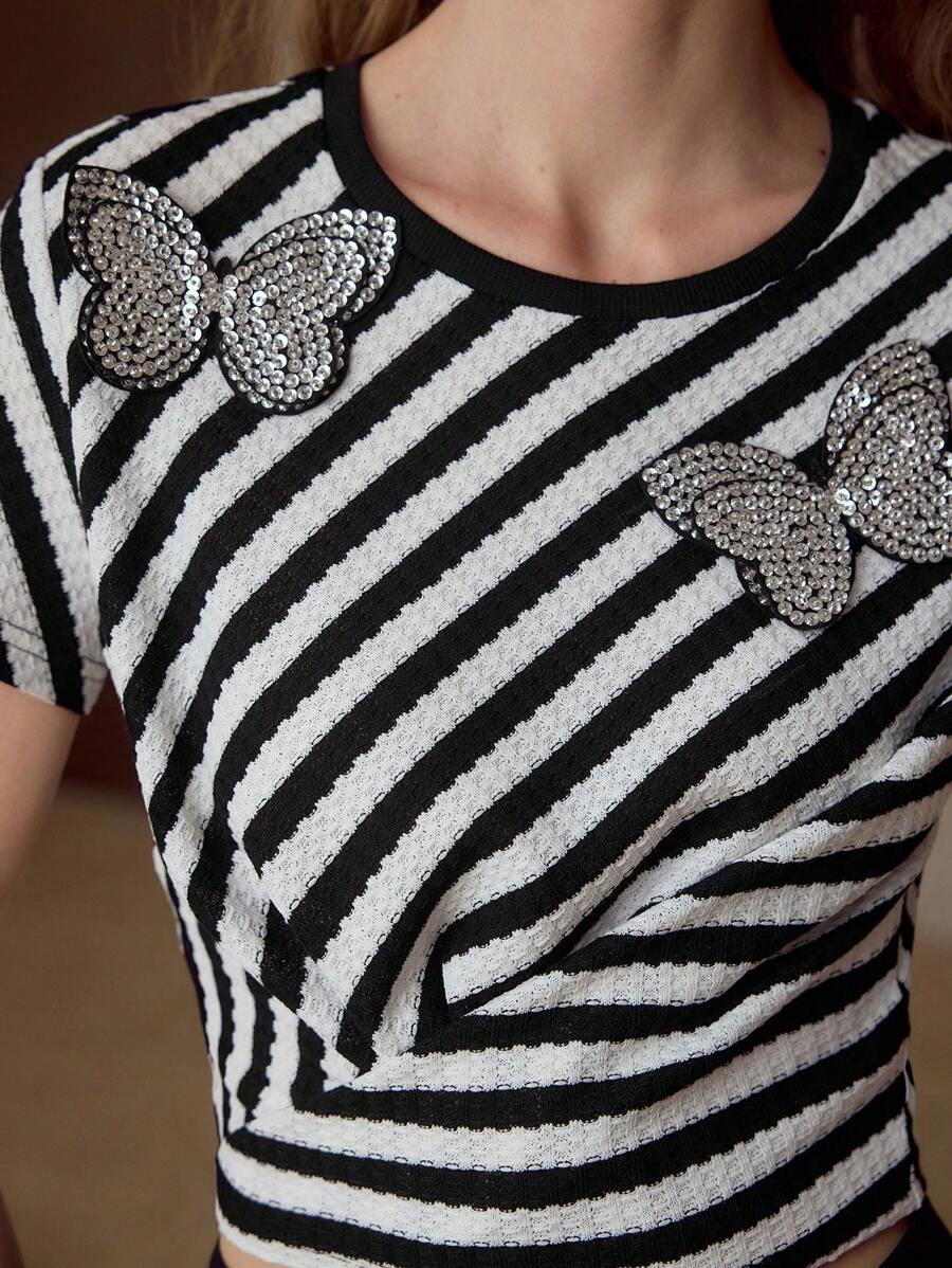 MOTF PREMIUM Schmetterling Applikationen gestreiftes Muster T-Shirt