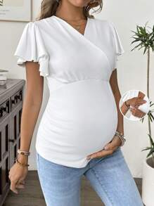 SHEIN Maternity V-Neck Ruffle Sleeve Tight Fitting T-Shirt - White - View 1