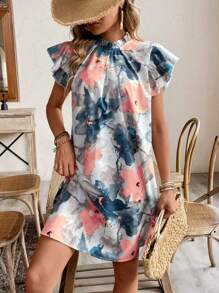 Breezaya 女士时尚花卉印花荷叶边袖连衣裙度假海滩装