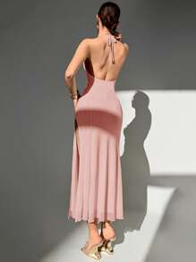 Aloruh Váy dài xẻ cao cổ chữ V sâu thắt nơ hoa thủ công, váy cưới lưới trắng - Màu Hồng baby - Xem 5