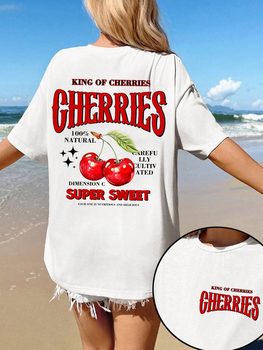 SHEIN EZwear Oversized Casual Simple Cherry Pattern Round Neck Short Sleeve Loose T-Shirt For Women, Summer Back To School - White - View 1