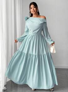 DreamSkyne Robe élégante asymétrique à épaules froncées et imprimé floral, grande taille - Bleu lagon - Voir 3