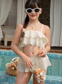 Tween Girls 2 Pieces Bikini Set, Jacquard White Fabric With Ruffle, Fashionable Casual Elegant Graceful For Swimming, Vacation, Summer, Sweet Style, Solid Light Beige Tween Girl Summer Clothes Tween Summer Clothes Girls Toddler Girl Bathing Suits Summer Holiday - White - View 4