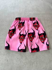 PAVTROS Men's Casual Pink Shorts With All-Over Devil Print: Comfortable Fabric Short Length And Pockets For Everyday Wear - Multicolor - View 2
