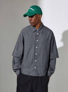 SUMWON Camisa de botones con mangas en capas y diseño de rayas profesional, uso casual de oficina apto para todas las estaciones, con un ajuste clásico y un moderno patrón de rayas