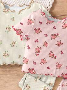 SHEIN Baby Girls 2pcs/Set Ditsy Floral Pattern Contrast Trim Home Service Clothes, Suitable For Spring & Summer - Multicolor - View 3