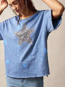 Bohemela Women's Casual Blue Knitted T-Shirt With Round Neck, Short Sleeves, And Contrast Sequin Star Detail - Blue - View 4