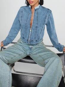 RueChic Giacca di jeans casual da donna con chiusura lampo anteriore e design con frange a maniche lunghe