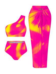 Swim Oasis Conjunto de 3 piezas para mujer talla grande Oasis: Blusa de hombro recogida con estampado de degradado amarillo, pantalones de cintura alta, falda con superposición de malla con estampado de degradado, conjunto de playa de verano para vacaciones