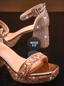 SHUZIA Women's Wide Fit Multi-Cut Crystals & Stabilized Block Heel Rose Gold Dress Sandal-Adjustable Ankle Lock With Plush Velvet Lining For Wedding Guest To Gala Nights Mother's Day Present For Christmas Valentine's Day - Metallic Rose Gold - View 6