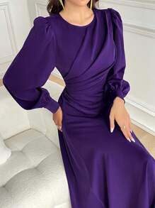 Modelyn Robe mi-longue plissée à manches lanternes et col rond, couleur unie. Robe de soirée longue pour femmes