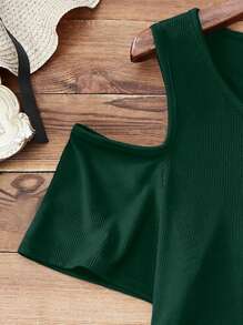 INAWLY Women's Solid Color Eyelet Tie Front Cold Shoulder Short Sleeve Casual T-Shirt - Green - View 3