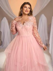 SHEIN Belle Vestido de novia elegante y grácil para novia, de talla grande, de manga larga, con bordados, patchwork de malla y cuello alto voluminoso - Rosa - Ver 4