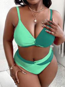 Slaydiva Costume da bagno a due pezzi con design a blocchi di colore e torsione, per taglie forti