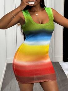 Slaydiva Vestido de verano de ocio y vacaciones 2025 para uso diario y playa, con cuello en U, sin mangas, mangas con volantes, estampado de degradado de arcoíris, falda mini, falda de cadera, vestido de suéter para mujer - Multicolor - Ver 7