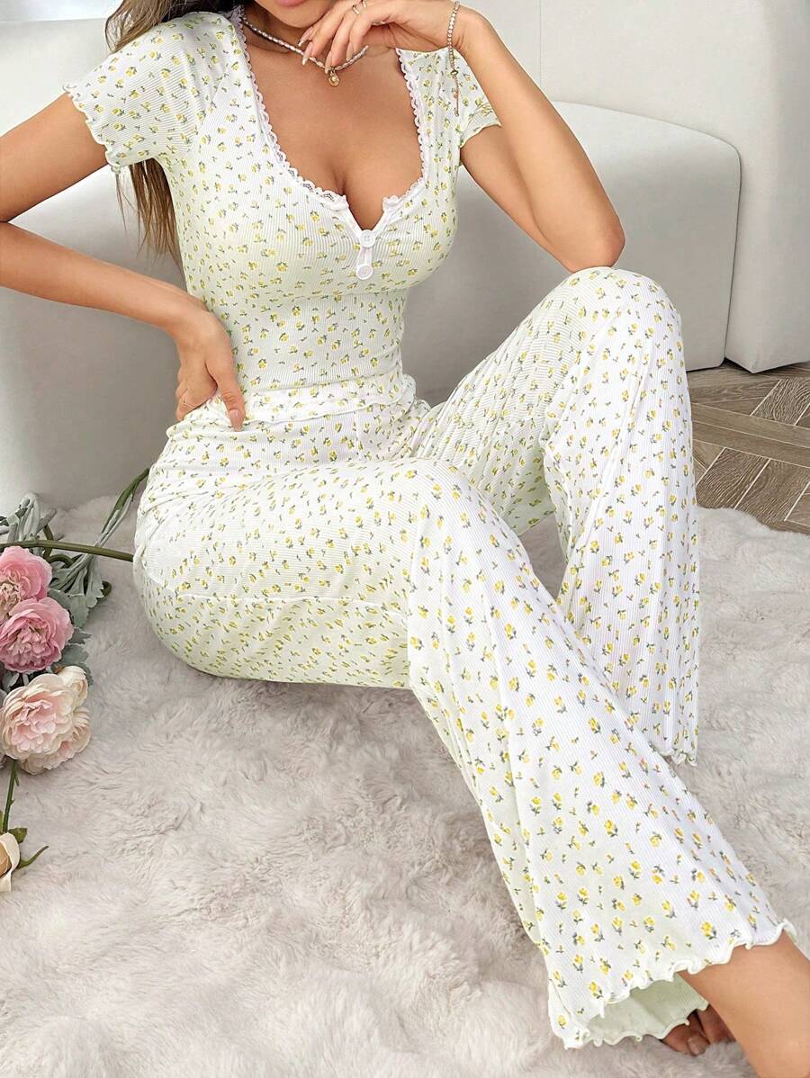 CottageSlumber Ditsy Floral Half-Placket Button Embellished Short Sleeve Pajama Set - Yellow - View 1
