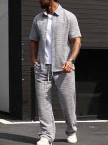 Manfinity CasualCool Plus Size Men's Summer Casual Button-Front Short Sleeve Shirt And Pants Set