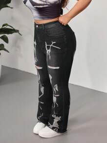 SHEIN CURVE+ 女式黑色加大码牛仔裤，高弹力牛仔修身喇叭裤，个性涂鸦，Y2K 夏季，曲线加大，波西米亚风度假风 - 黑色 - 查看 3