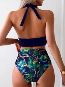 SHEIN Swim Women Navy V-Neck Halter Top & Printed High Waist Tankini Swimwear Set For Summer Beach Vacation - Navy Blue - View 2