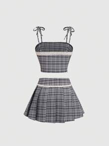 Sweetra Conjunto de 2 peças de blusa feminina com laço e acabamento em renda xadrez + saia curta com detalhe em renda xadrez e laço, elegante e elegante, ideal para primavera, verão e outono - Multicolorido - Ver 2