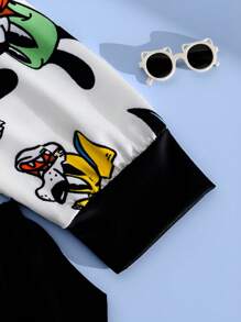 SHEIN Baby Boys Cartoon Puppy Print Color Block Rib Crew Neck Long Sleeve T-Shirt And Pants Casual Suit, Spring/Autumn