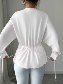 Elenzga 女士交叉系腰长袖宽松衬衫，秋冬 - 白色 - 查看 4