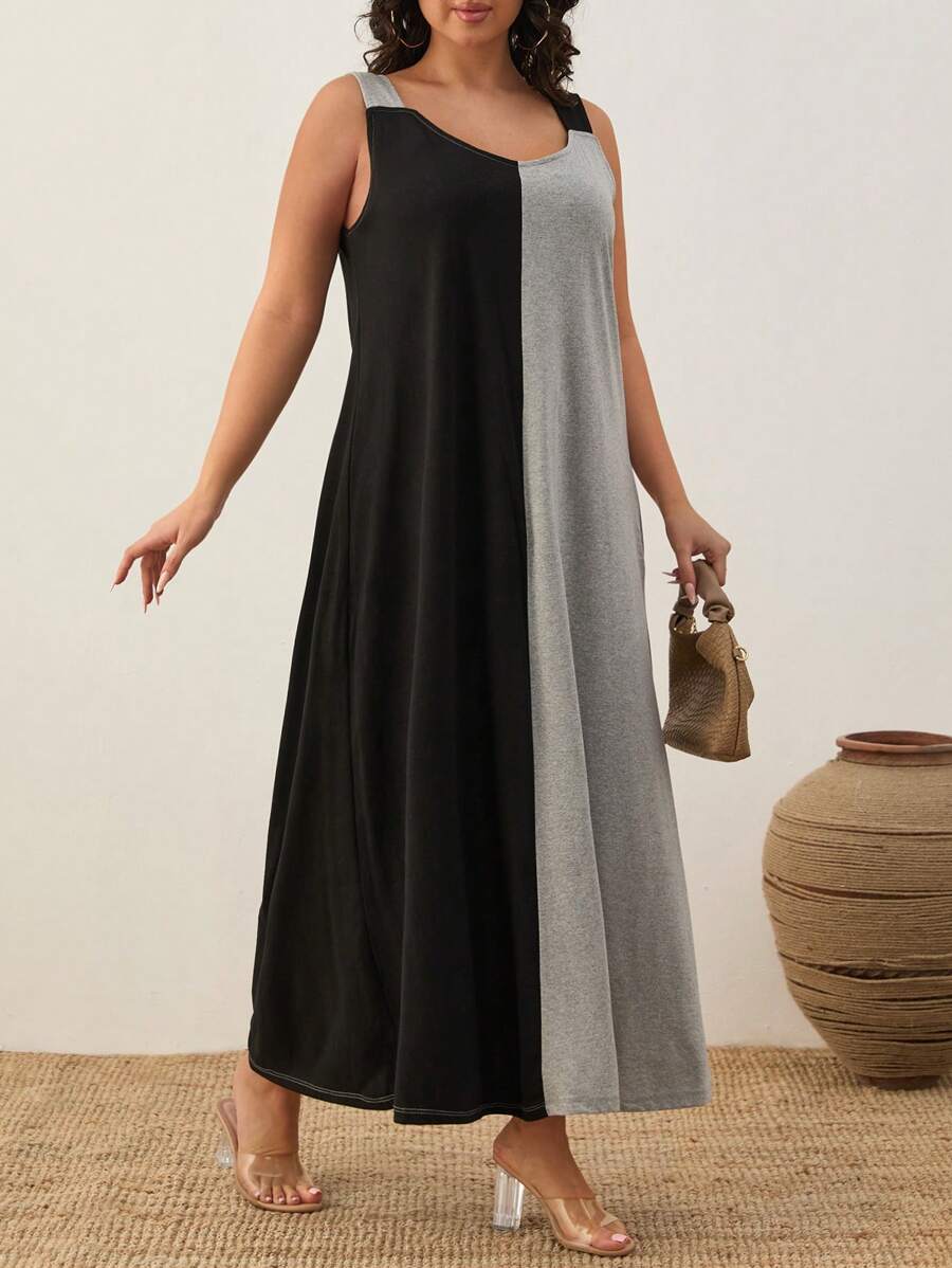 SHEIN Cottnline Vestido informal holgado de bloques de color para talla grande - Negro - Ver 1