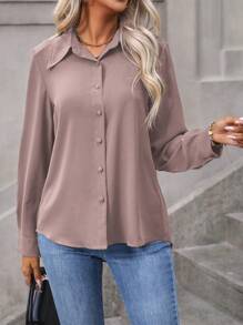 EMERY ROSE Women's Solid Color Long Sleeve Minimalist Fashion Shirt, Summer Fall Cloth For Women - Dusty Pink - View 5