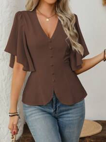 SHEIN Clasi Bluză ocazională de damă, elegantă, în stil francez, cu decolteu în V, cu nasturi, cu mâneci tip lanternă, pentru muncă, primăvară/vară