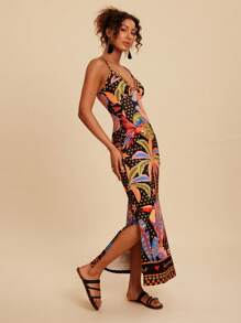 Travachic 女士度假侧开衩下摆修身热带印花吊带背心连衣裙 - 黑色 - 查看 3