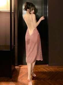 DAZY 纯色修身无袖蕾丝拼接性感睡裙，适合女士度假穿着，女士内衣 - 粉色 - 查看 2