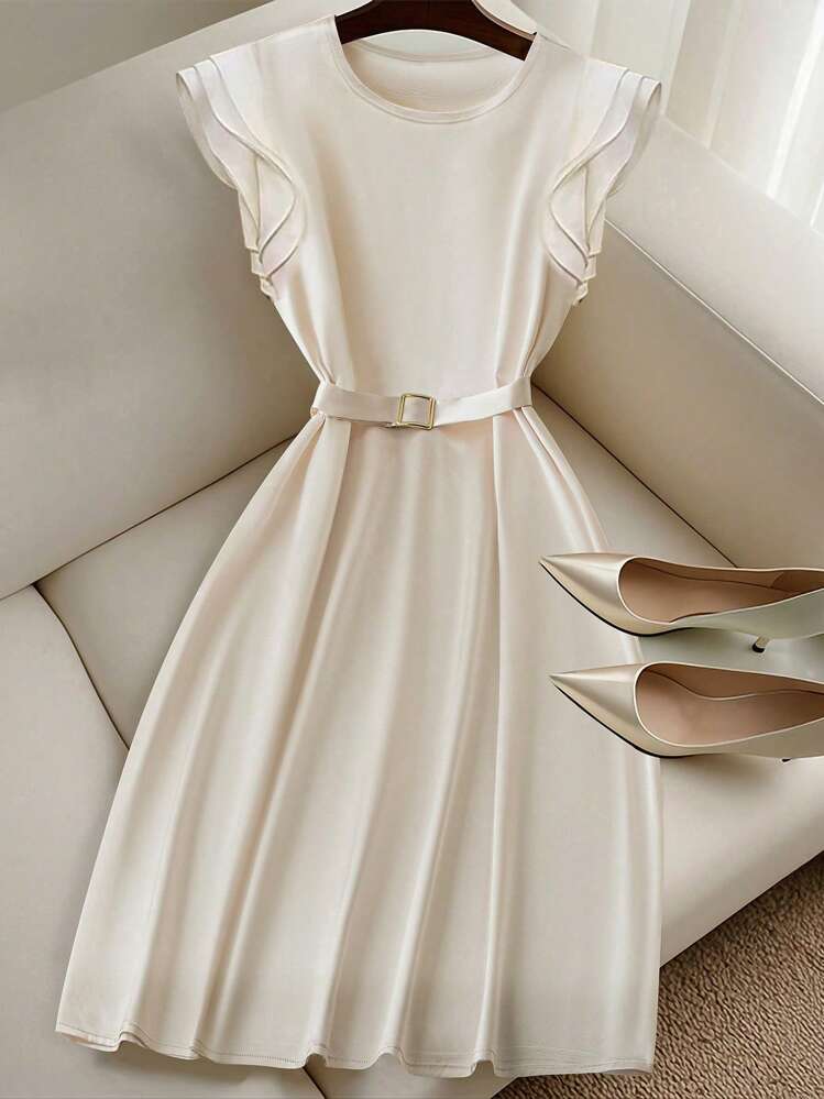 SHEIN Clasi Vestido midi elegante de mujer con dobladillo de volantes y color liso - Albaricoque - Añade 1
