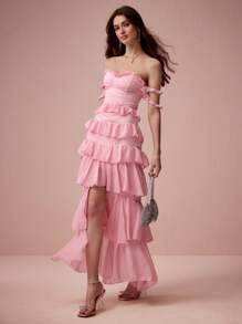 Enchnt Damen Kleid mit Schulterausschnitt, einfarbig, Rüschensaum, hoher Schlitz - Pink - Übersicht 7