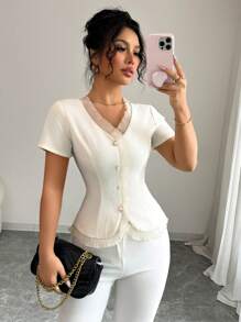Elenzga Women's Solid Color Contrast Mesh Ruffle Trim Single-Breasted Short Sleeve Blouse - Apricot - View 1
