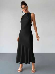 Firerie The New Yellow Satin Silk Elegant Backless Strappy Collar Ruffled Hem Long Dress Is Suitable For Wedding Season, Bridesmaid Dresses, Date Night, Cocktail Parties, Graduation Ceremonies, Garden Parties, Vacations And Other Occasions, Highlighting The Body Curves And Highlighting Personal Unique Charm,Rave Outfits Festival - Black - View 6