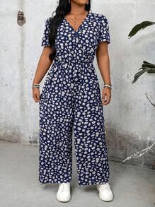 SHEIN LUNE Plus Size V-Neck Short Sleeve Jumpsuit, Minimalist & Fashionable, Suitable For Summer - Navy Blue - View 1