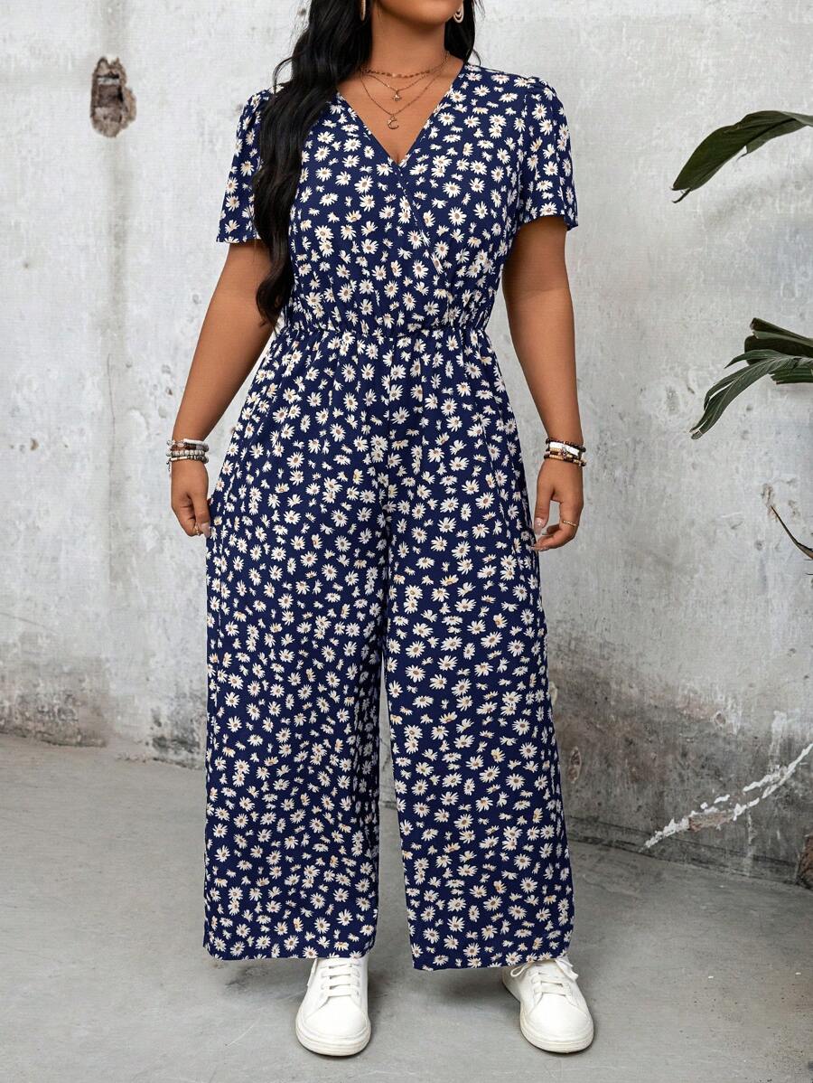 SHEIN LUNE Plus Size V-Neck Short Sleeve Jumpsuit, Minimalist & Fashionable, Suitable For Summer - Navy Blue - View 1
