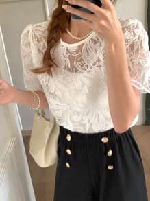 SHEIN Leap Crew TEENGIRL 2pcs Set: White Lace Puff Sleeve Elegant T-Shirt And Simple Button Decor Black Commuter Pants - Black and White - View 5