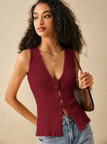 Poéselle Women's Casual Solid Color Front Button Knitted Vest, Summer - Burgundy - View 6