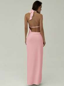 Aloruh Romantic Date, Spring/Summer Vacation Halter Hollow Out Shell Decor Bodycon Backless Dress For Ladies - Pink - View 2