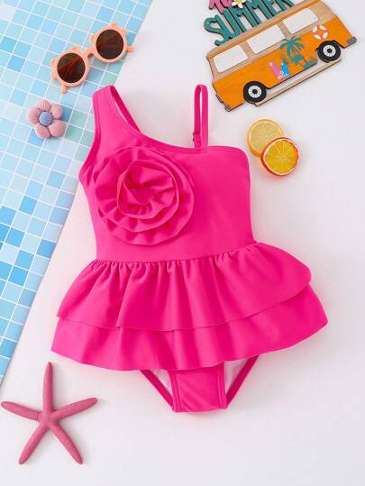 Emery Rose Kids Emery Rose Kids Bộ đồ bơi liền mảnh họa tiết hoa 3D màu trơn cho bé gái