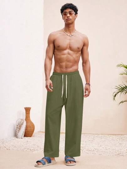 Manfinity VCAY Men Beach Summer Vacation Basic Woven Casual Surfing Seaside Beach Fit Linen Pants Beachwear