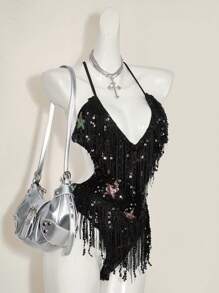 SHEIN ICON Y2K 90s Clothes Music  Festival Rave Deep V-Neck Pentagram Tassel Decor Backless Cross Strap Bodysuit