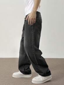 Manfinity Hypemode Pantalones vaqueros de hombre con bolsillos sesgados y pierna ancha con ajuste holgado