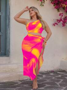 Swim Oasis Conjunto de 3 piezas para mujer talla grande Oasis: Blusa de hombro recogida con estampado de degradado amarillo, pantalones de cintura alta, falda con superposición de malla con estampado de degradado, conjunto de playa de verano para vacaciones