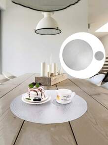 SHEIN 12pcs/Set Silvery Wheat Placemat 15inch Round, PVC Material 3.94inch Round Hollow Cup Coaster, Washable, Easy To Clean, Wipe, Anti-Slip, Heat Resistant, For Room Decor, Dining Tabl