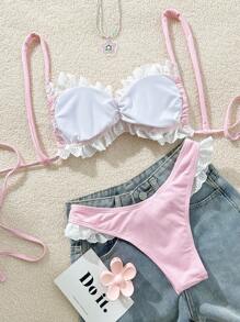 Swim Mod 可爱粉色格子荷叶边细肩带女式泳衣套装，夏季沙滩装 - 粉色 - 查看 2